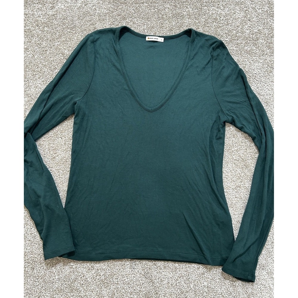Marine Layer Women's L Long Sleeve V-Neck Ribbed T-Shirt in Dark Green